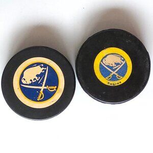 VINTAGE Buffalo Sabres NHL Hockey Pucks Lot 2 COOPER VICEROY APPROVED OFFICIAL